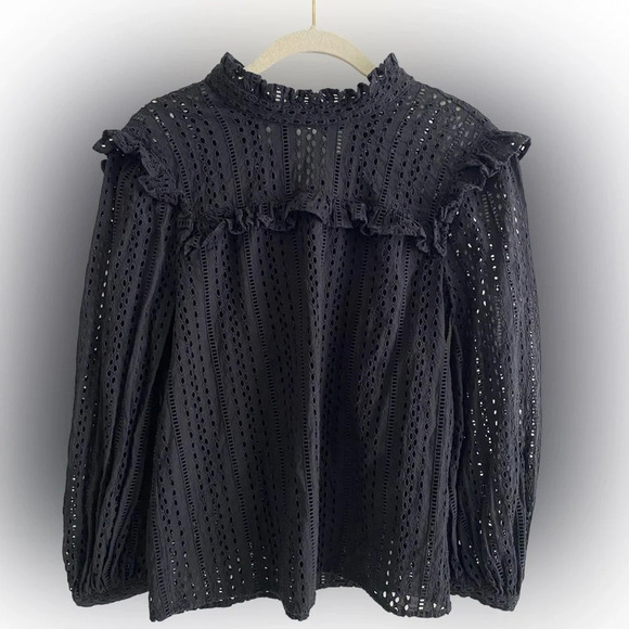 MADEWELL Black Cotton Feminine Boho Eyelet  Tie Back Blouse Size XXS/XS - Picture 1 of 8